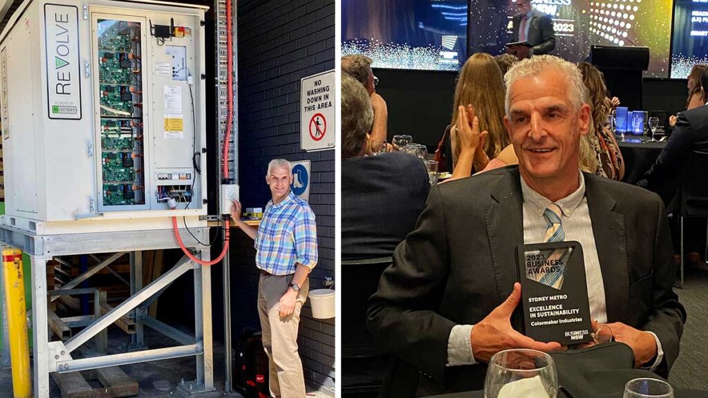 1. Colormaker Managing Director David Stuart shows off his power tool (Revolve® battery). 2. Award for Excellence in Sustainability.